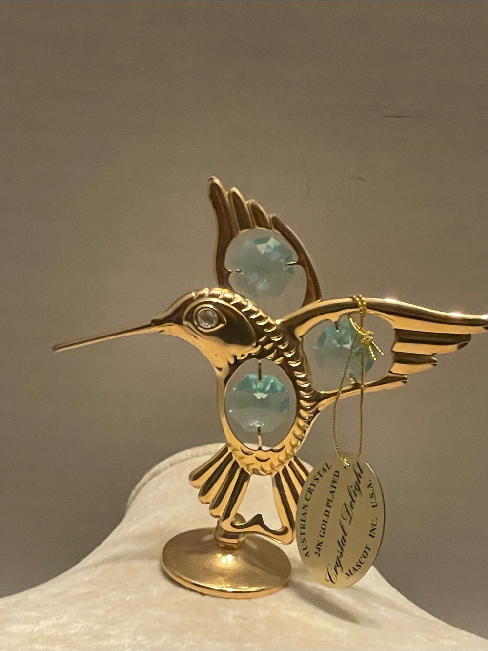 Gold Hummingbird Crystal Sun Catcher- Light Teal Blue crystals